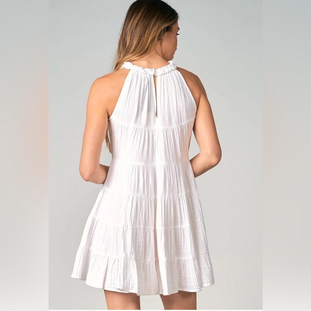 Elan Sunshine Yellow Cotton Tiered Halter Neck Dress W/ Ruffle Hem. Medium. - Picture 11 of 13